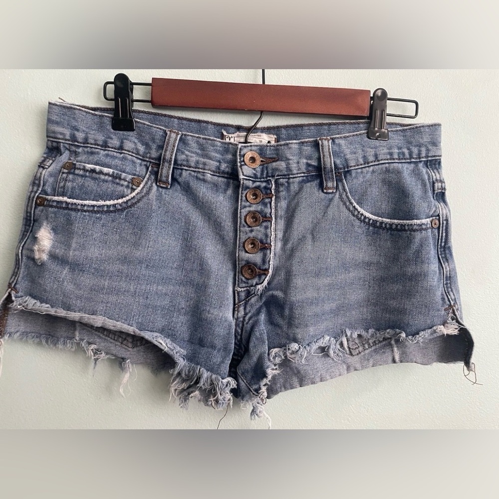 Free People Distressed Blue Jean Shorts